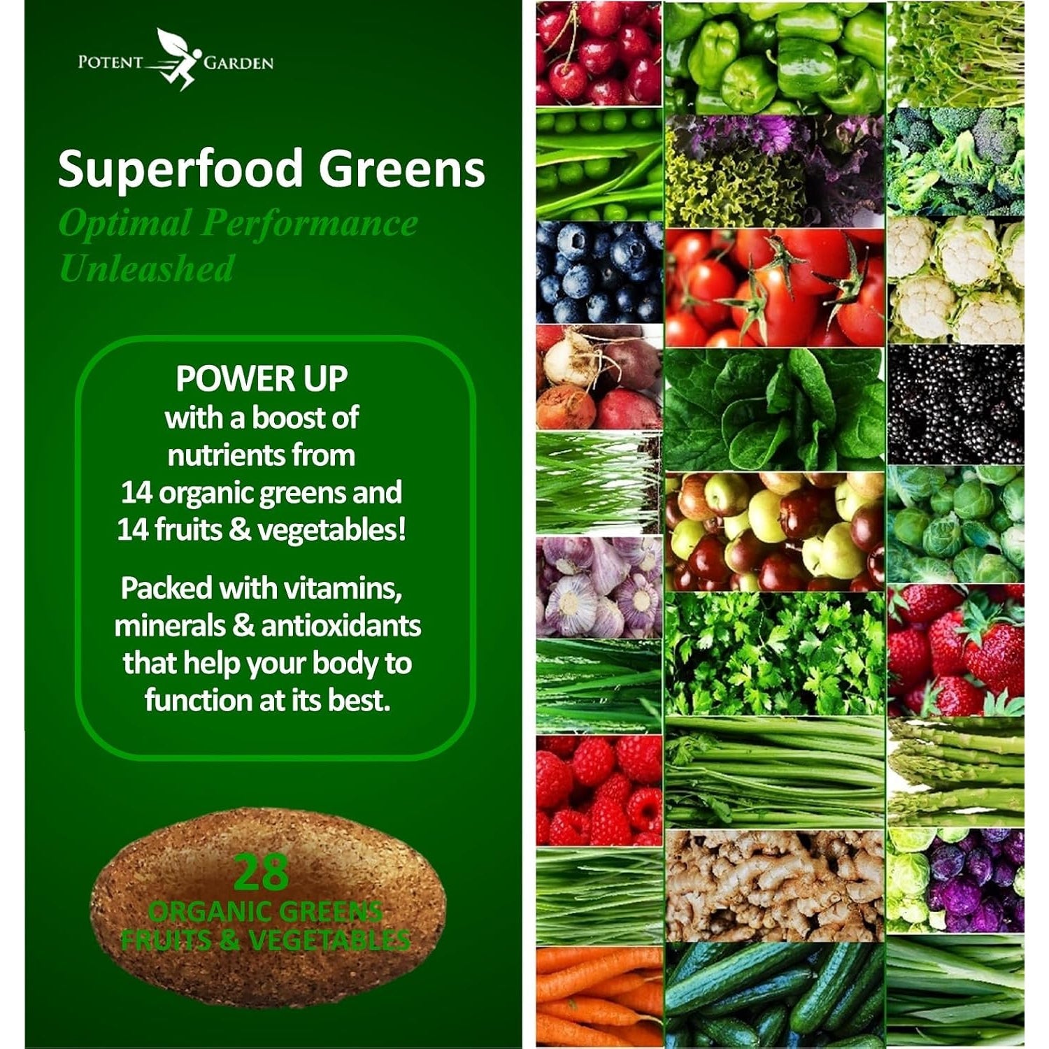 Potent Garden Organic Superfood Greens, Fruit and Veggies Supplement Rich in Vitamins & Antioxidants with Alfalfa, Beet Root & Tart Cherry to Boost Energy, Immunity & Gut Health, Greens Tablets 60 Ct