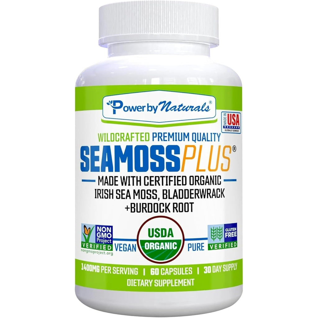 Power by Naturals Sea Moss plus – USDA Organic Irish Sea Moss Capsules with Bladderwrack & Burdock Root – Immune Support for Adults – Vegan, Non-Gmo, Gluten-Free – 60 Capsules (1-Month Supply)