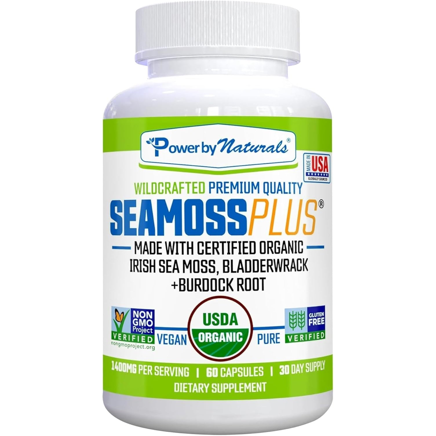 Power by Naturals Sea Moss plus – USDA Organic Irish Sea Moss Capsules with Bladderwrack & Burdock Root – Immune Support for Adults – Vegan, Non-Gmo, Gluten-Free – 60 Capsules (1-Month Supply)
