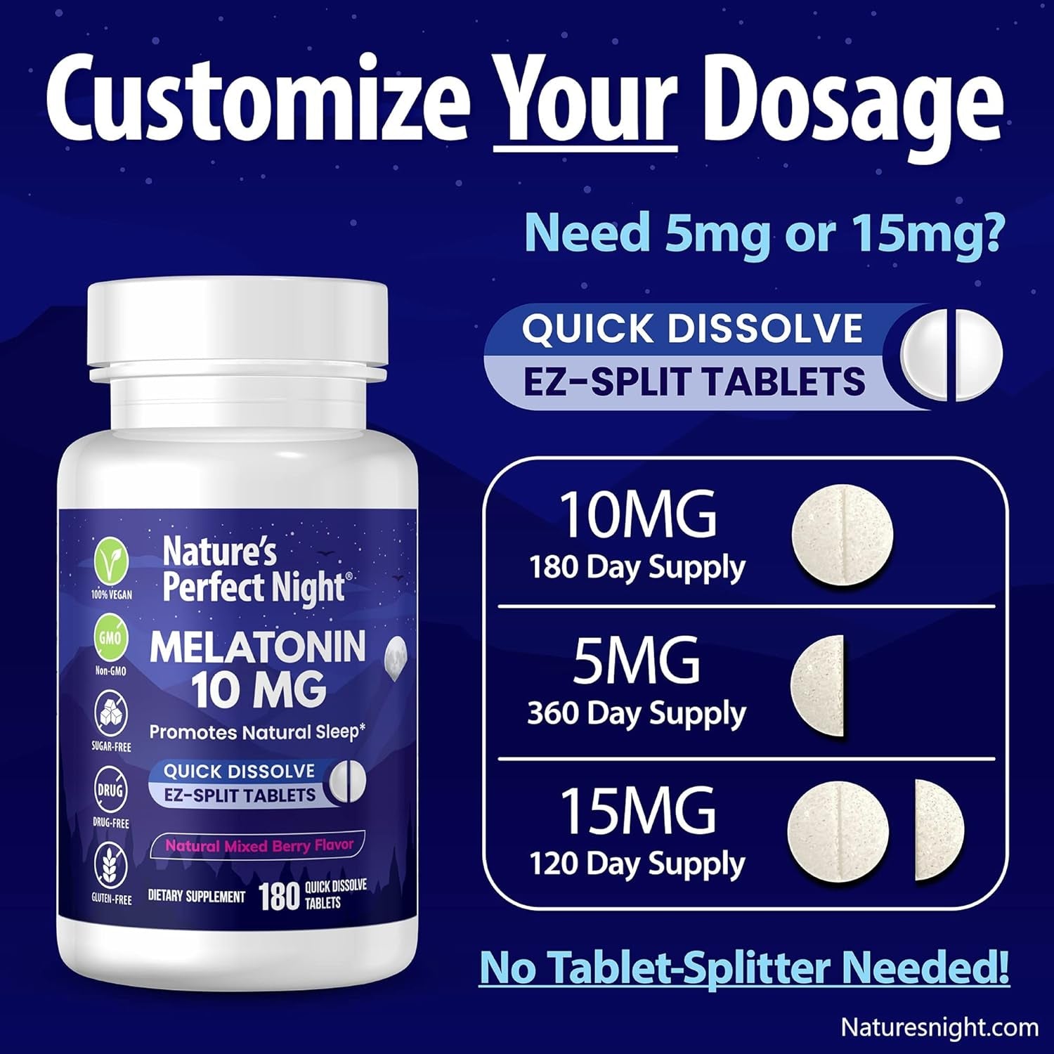 Nature'S Perfect Night | Melatonin 10Mg | 180 Quick Dissolve Tablets | Natural Mixed Berry Flavor |High Potency | Sugar Free | Vegan | Gluten Free | Value Size