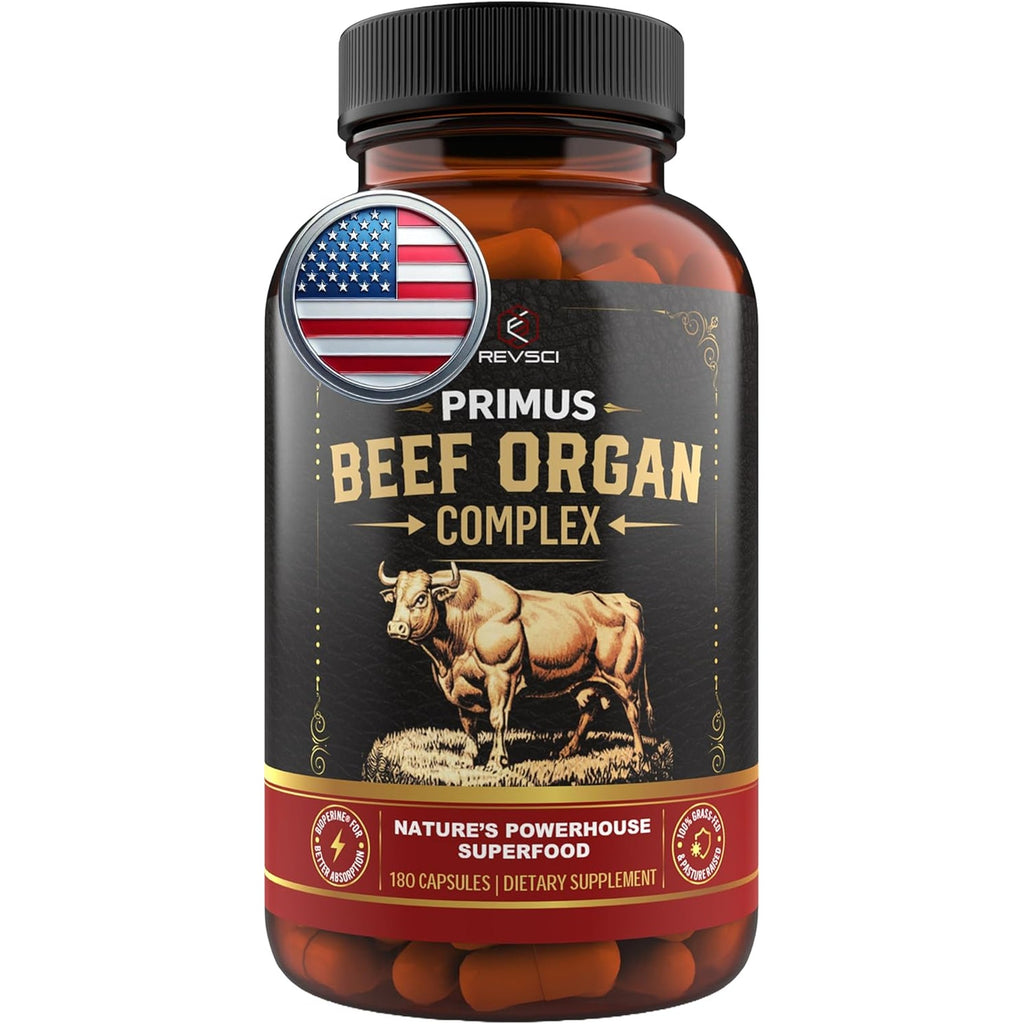 Beef Organ Supplement for Men & Women - PRIMUS Grass Fed Beef Liver Capsules with Heart, Primal Ancestral Blend 5 Organ Meat Supplements, Viking Energy Complex, Bioperine for Absorption, 180 Pills
