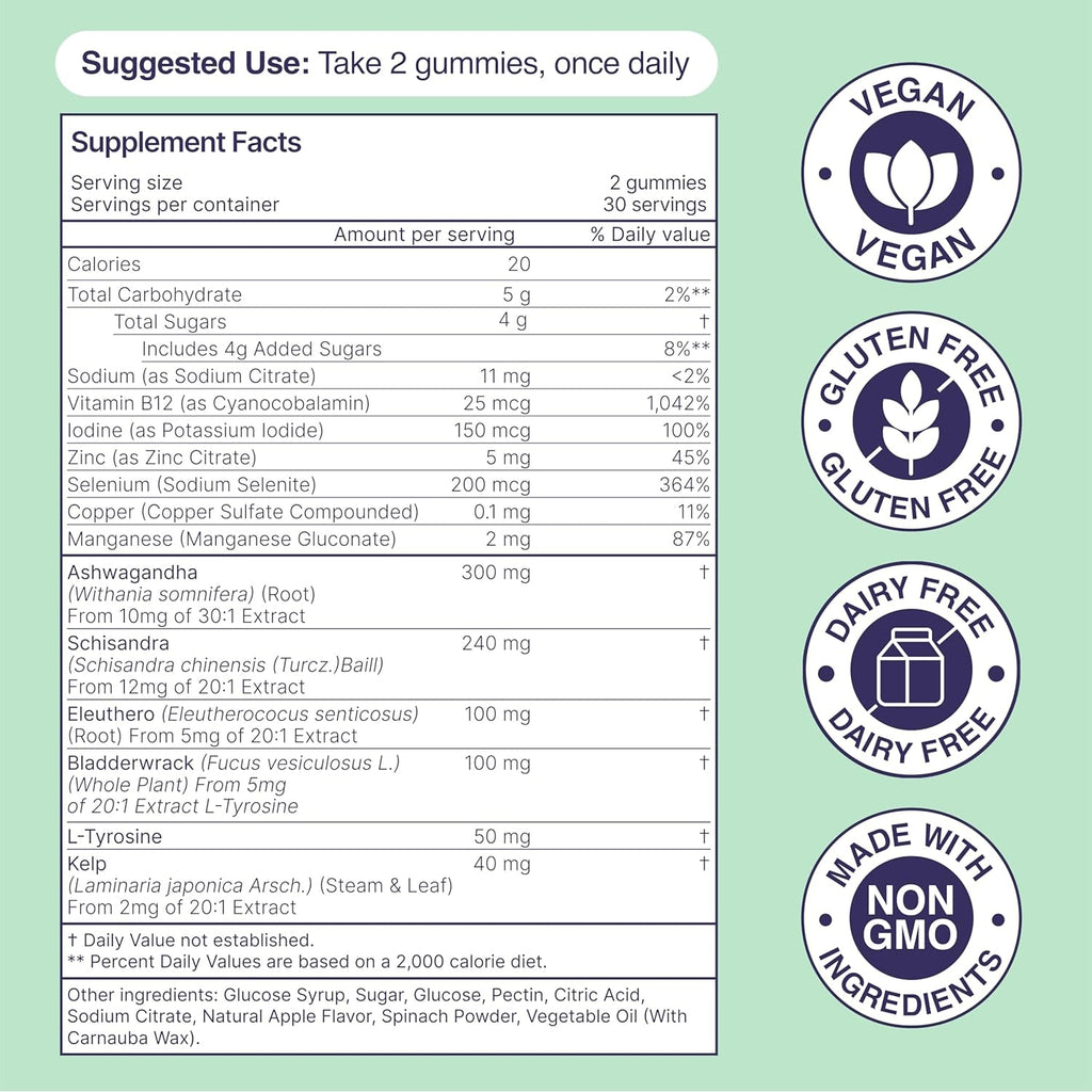 Thyroid plus Gummies - Ashwaganda, Iodine, Bladderwrack, Kelp, and Schisandra