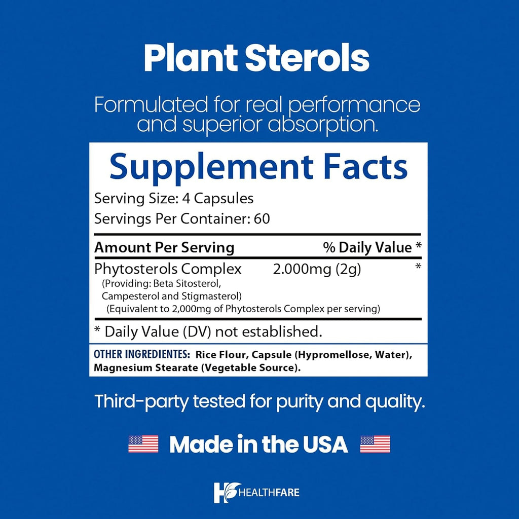 Healthfare Plant Sterols Capsules 2000Mg | 240 Vegan Capsules | Beta Sitosterol & Phytosterol Complex | Plant-Based Supplement | Non-Gmo & Gluten-Free | Made in the USA