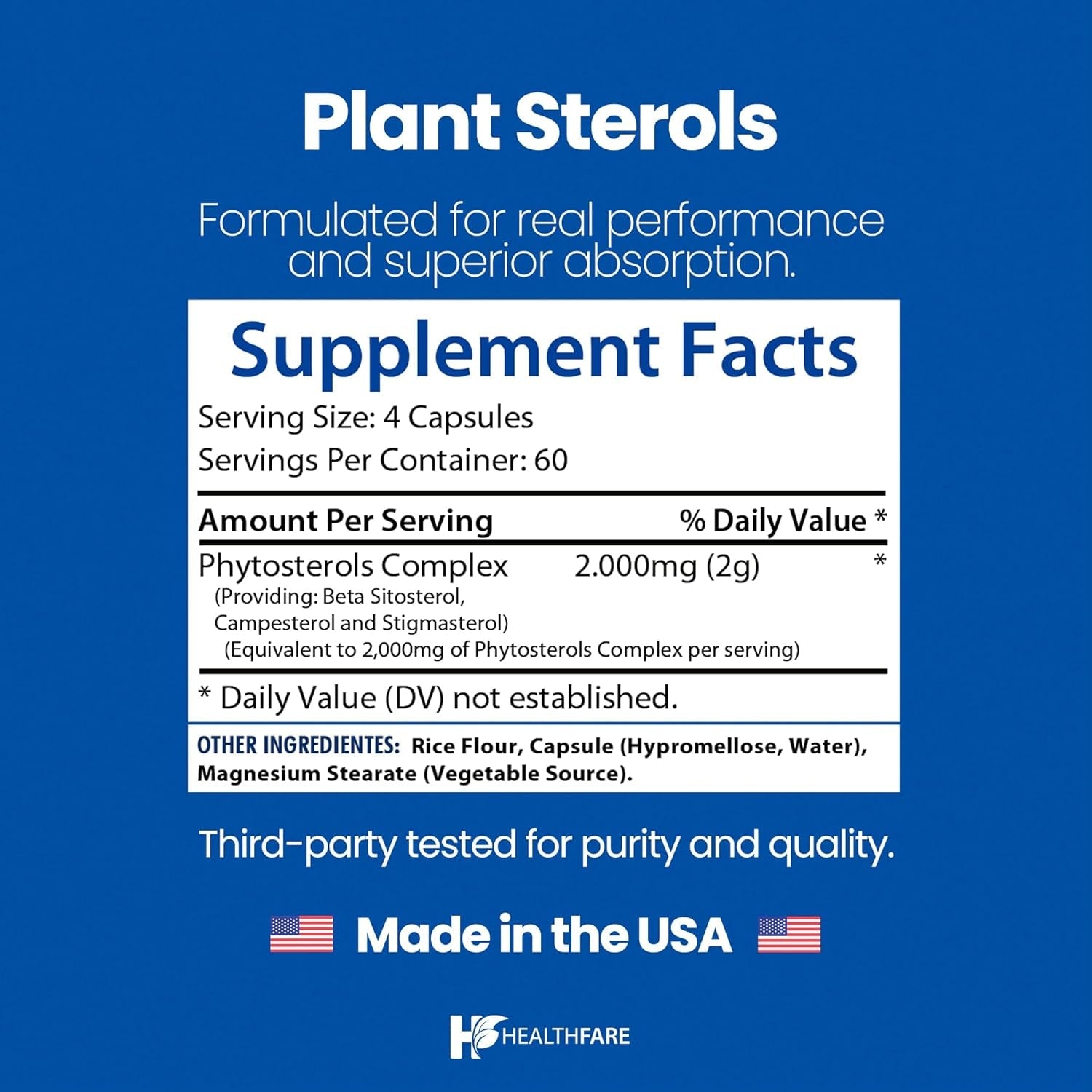 Healthfare Plant Sterols Capsules 2000Mg | 240 Vegan Capsules | Beta Sitosterol & Phytosterol Complex | Plant-Based Supplement | Non-Gmo & Gluten-Free | Made in the USA
