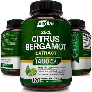 Nutriflair Organic Citrus Bergamot 1400Mg, 120 Capsules - 25:1 Bergamia - Essential Oil and Citrus Bioflavonoids - Natural Heart Health Supplements for Women and Men - Non-Gmo Pills