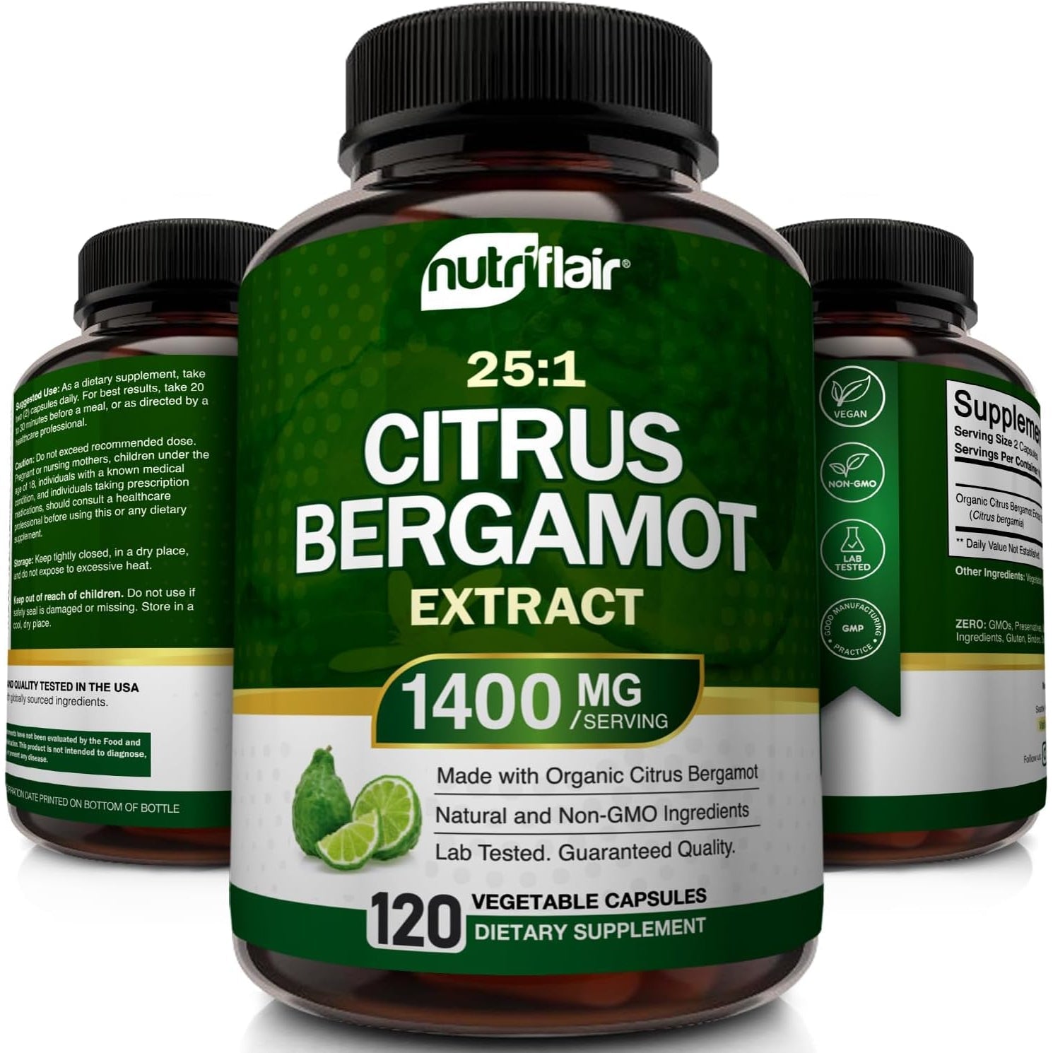 Nutriflair Organic Citrus Bergamot 1400Mg, 120 Capsules - 25:1 Bergamia - Essential Oil and Citrus Bioflavonoids - Natural Heart Health Supplements for Women and Men - Non-Gmo Pills