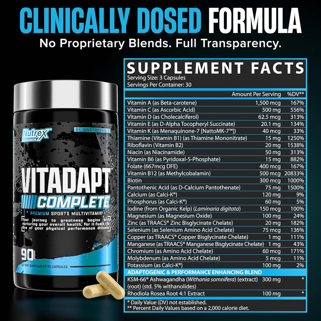 Nutrex Research Vitadapt Complete Sports Multivitamin for Men - 24 Vitamins, KSM-66 Ashwagandha and Minerals for Athletes - Mens Multivitamin (90 Capsules)