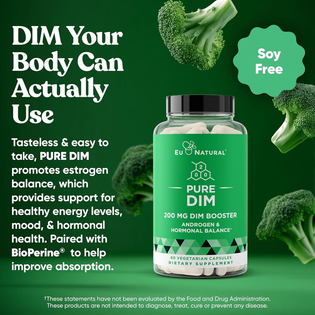 DIM Supplement Pure 200 Mg for Women or Men - Estrogen Hormone Balance Supplement for Energy, Fatigue, Stress, Menopause, Hot Flashes - Enhanced Bioavailability Bioperine - 60 Vegan Soft Capsules
