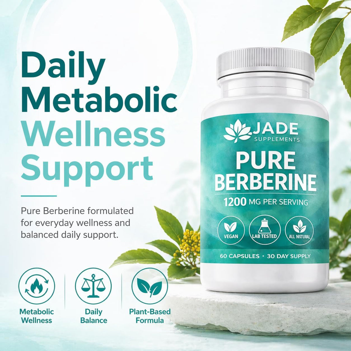 Jade Supplements Pure Berberine, 60 Vegetarian Capsules - Gluten Free & Non-Gmo