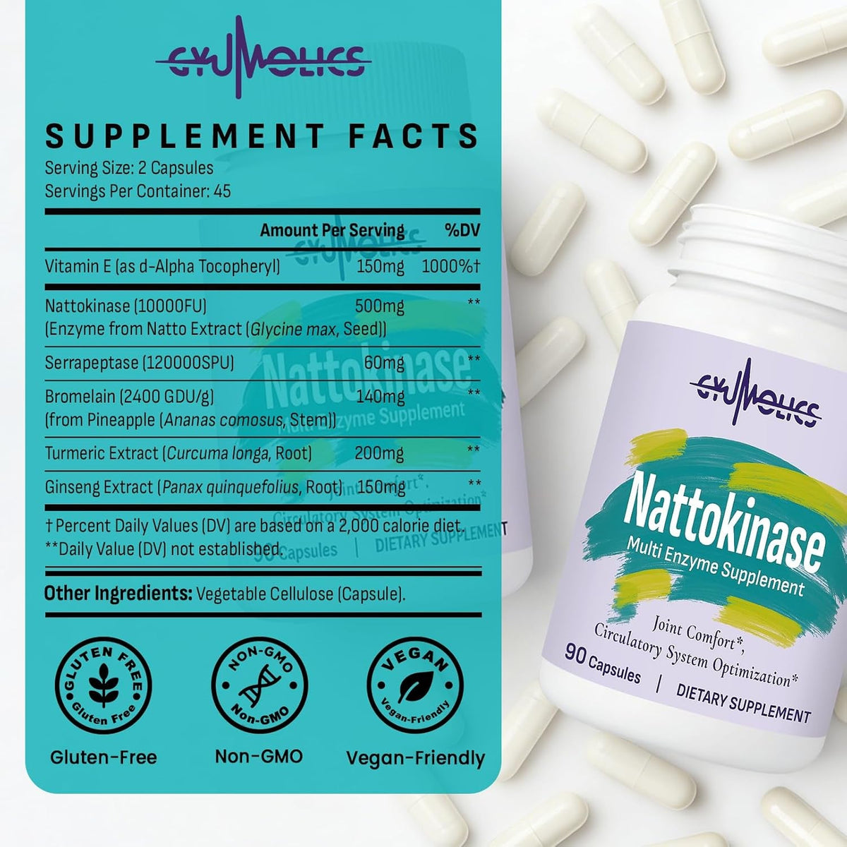 Nattokinase Supplement 10000FU with Organic Nattokinase, Serrapeptase, Bromelain, Curcumin, Vitamin E & Ginseng, Movement Comfort, 90 Capsules