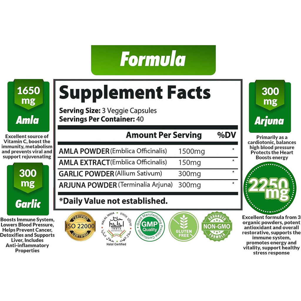 Organic Amla Capsules 2250Mg & Arjuna, Garlic |Natural Vitamin C Supplements, High Antioxidants, Rejuvenator |Supports Immunity, Energy Booster |Gluten Free Vegan India Amalaki Extract Fruit, 120 Caps