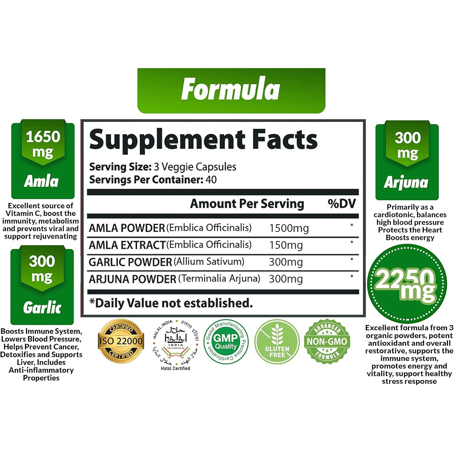 Organic Amla Capsules 2250Mg & Arjuna, Garlic |Natural Vitamin C Supplements, High Antioxidants, Rejuvenator |Supports Immunity, Energy Booster |Gluten Free Vegan India Amalaki Extract Fruit, 120 Caps