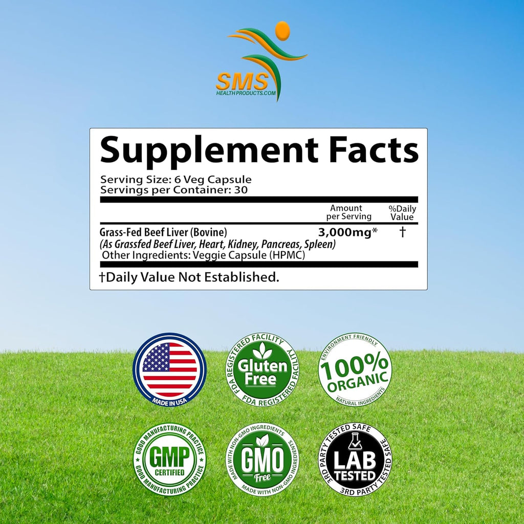 Beef Organ Supplement - Grass Fed & Pasture Raised - Total Body Wellness & Performance, Organ Complex with 3000Mg of Desiccated Beef Liver, Heart, Kidney, Pancreas, Spleen (180 Capsules)