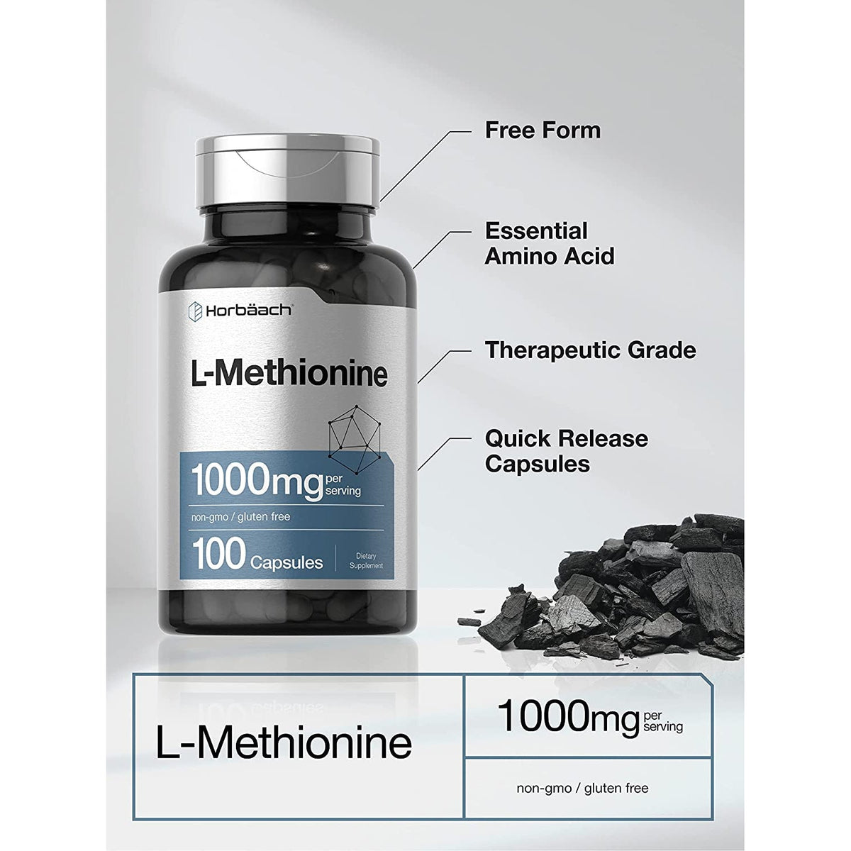 Horbäach L-Methionine 1000Mg | 100 Capsules | Non-Gmo, Gluten Free | Free Form Supplement