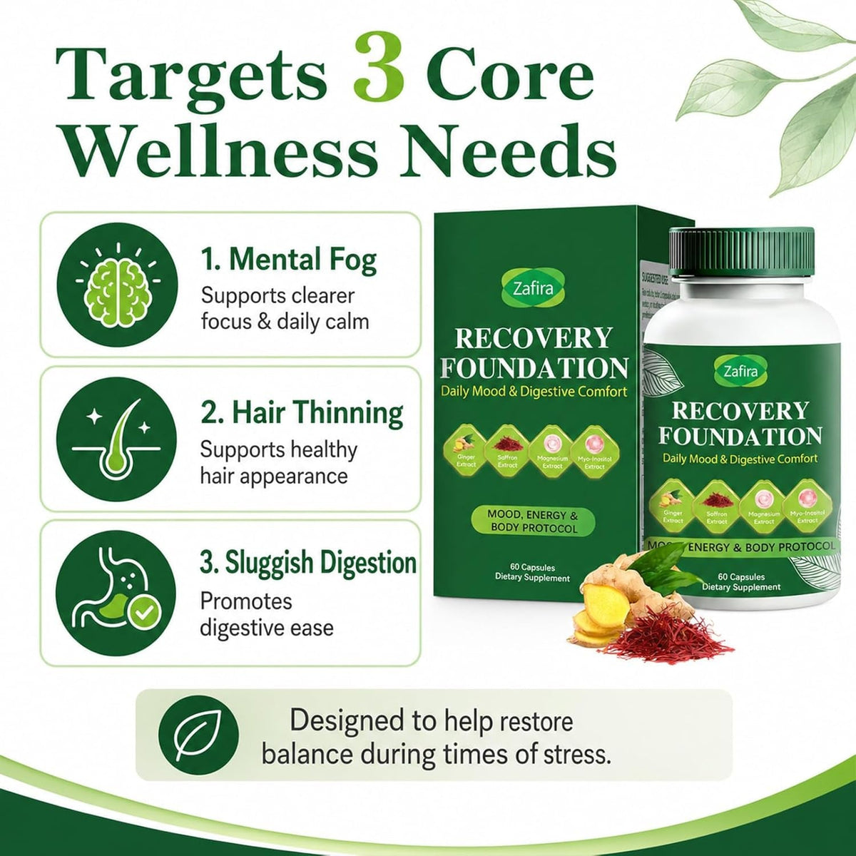 Zafira Recovery Foundation Capsules – Clear Mental Fog, Reduce Hair Loss & Boost Digestion | Clinically Tested, All-Natural Ingredients，Non-Gmo, 60 Capsules