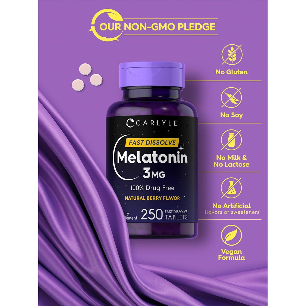 Carlyle Melatonin 3Mg Fast Dissolve Tablets | 250 Count | Low Dose and Drug Free | Vegan, Non-Gmo, Gluten Free