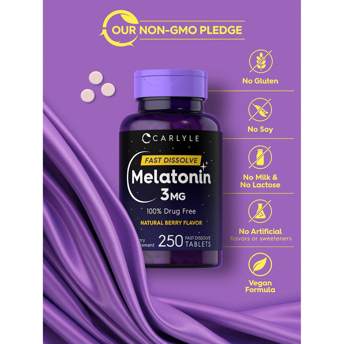 Carlyle Melatonin 3Mg Fast Dissolve Tablets | 250 Count | Low Dose and Drug Free | Vegan, Non-Gmo, Gluten Free