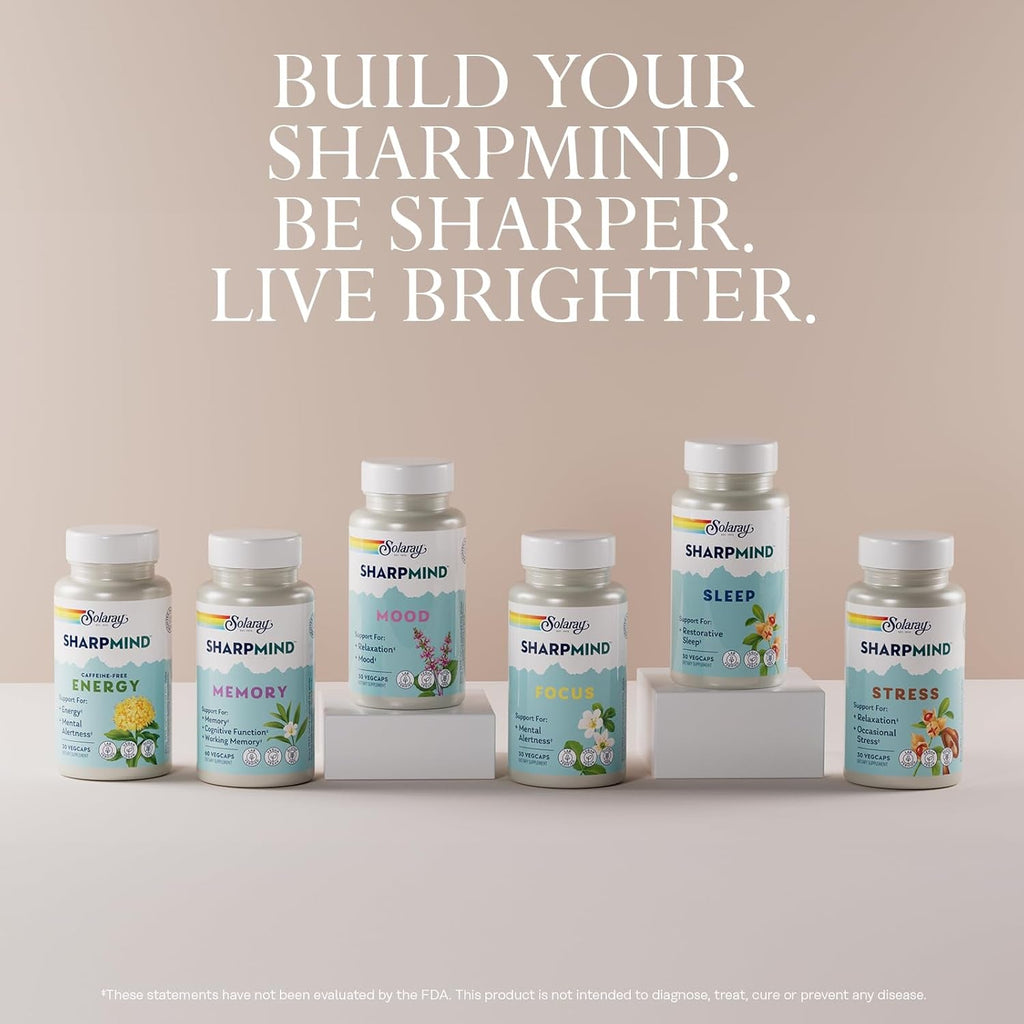 SOLARAY Sharpmind Memory Formula - Brain Supplements for Memory and Focus - Cognivia, Gotu Kola & Chaga Mushroom Supplement - Ginkgo Biloba Alternative - 60-Day Guarantee - 30 Servings, 60 Vegcaps