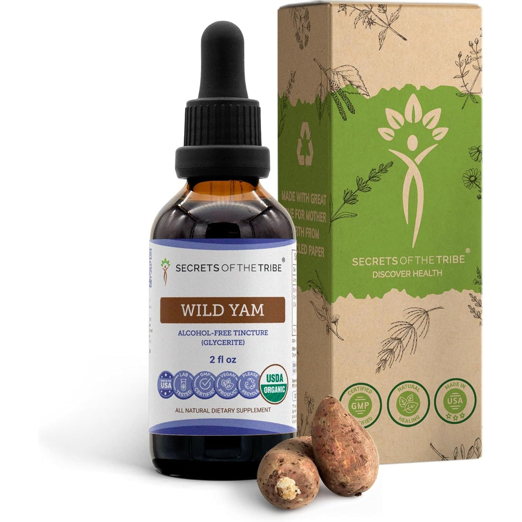 Secrets of the Tribe Wild Yam Alcohol-Free USDA Organic Tincture (Glycerite) 695 Mg Responsibly Farmed Wild Yam (Dioscorea Villosa) Dried Root (2 Fl Oz) Hormone Support Supplement
