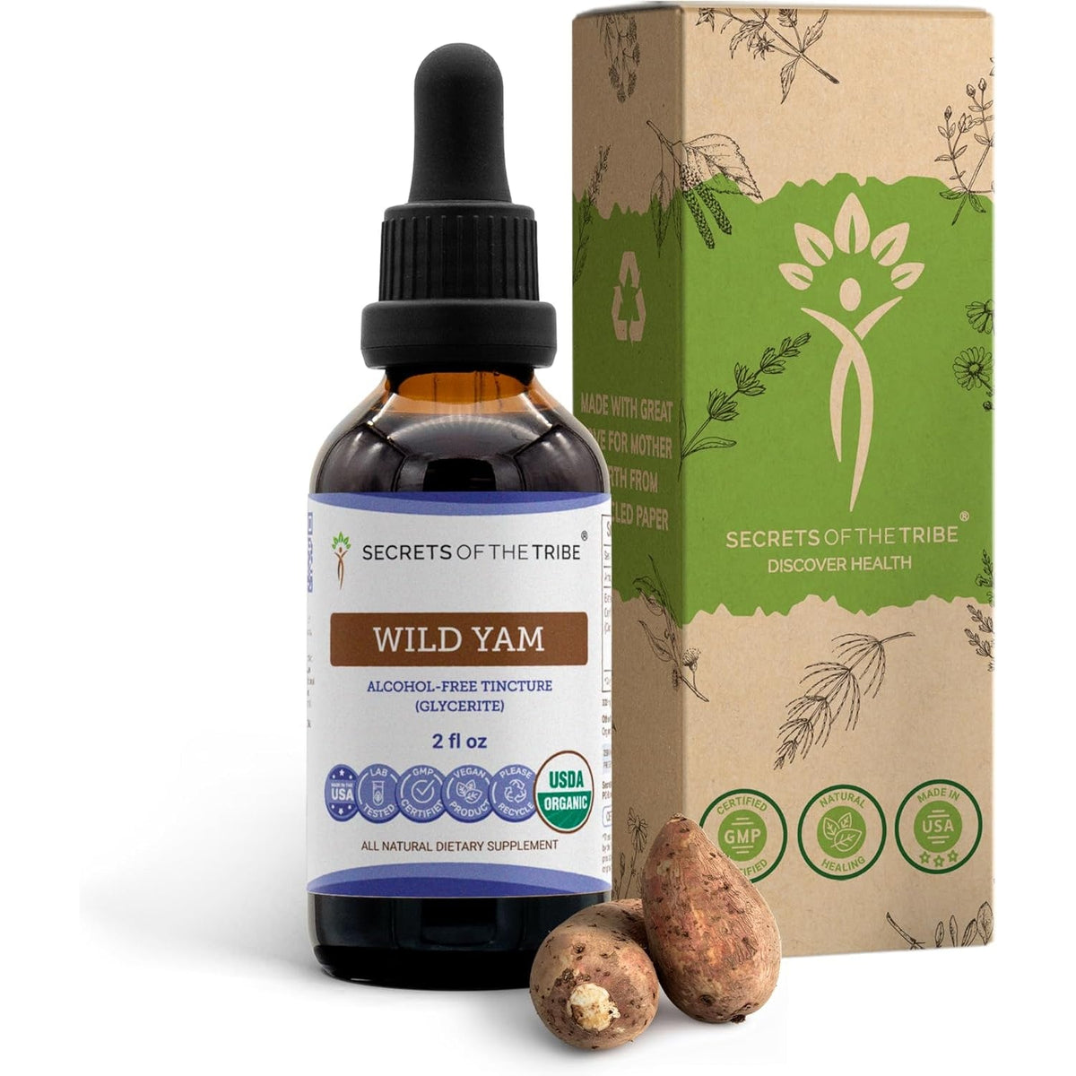Secrets of the Tribe Wild Yam Alcohol-Free USDA Organic Tincture (Glycerite) 695 Mg Responsibly Farmed Wild Yam (Dioscorea Villosa) Dried Root (2 Fl Oz) Hormone Support Supplement
