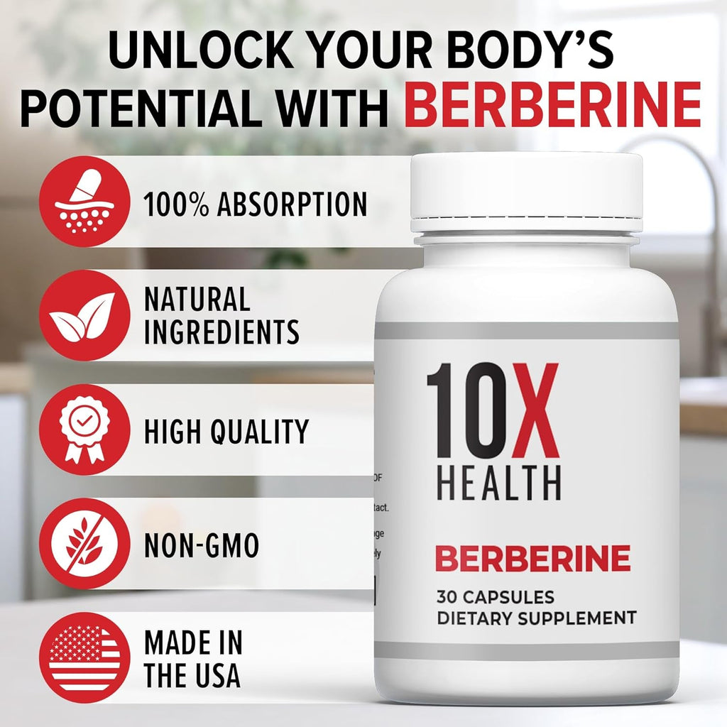 10X Health Berberine Supplement 500Mg - Contains Dihydroberberine Supplement for Better Absorption - Supports Cardiovascular & Gut Health Supplements for Women & Men - 30 Capsules