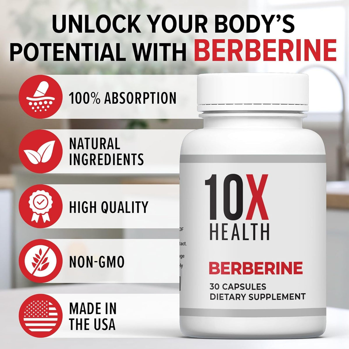 10X Health Berberine Supplement 500Mg - Contains Dihydroberberine Supplement for Better Absorption - Supports Cardiovascular & Gut Health Supplements for Women & Men - 30 Capsules