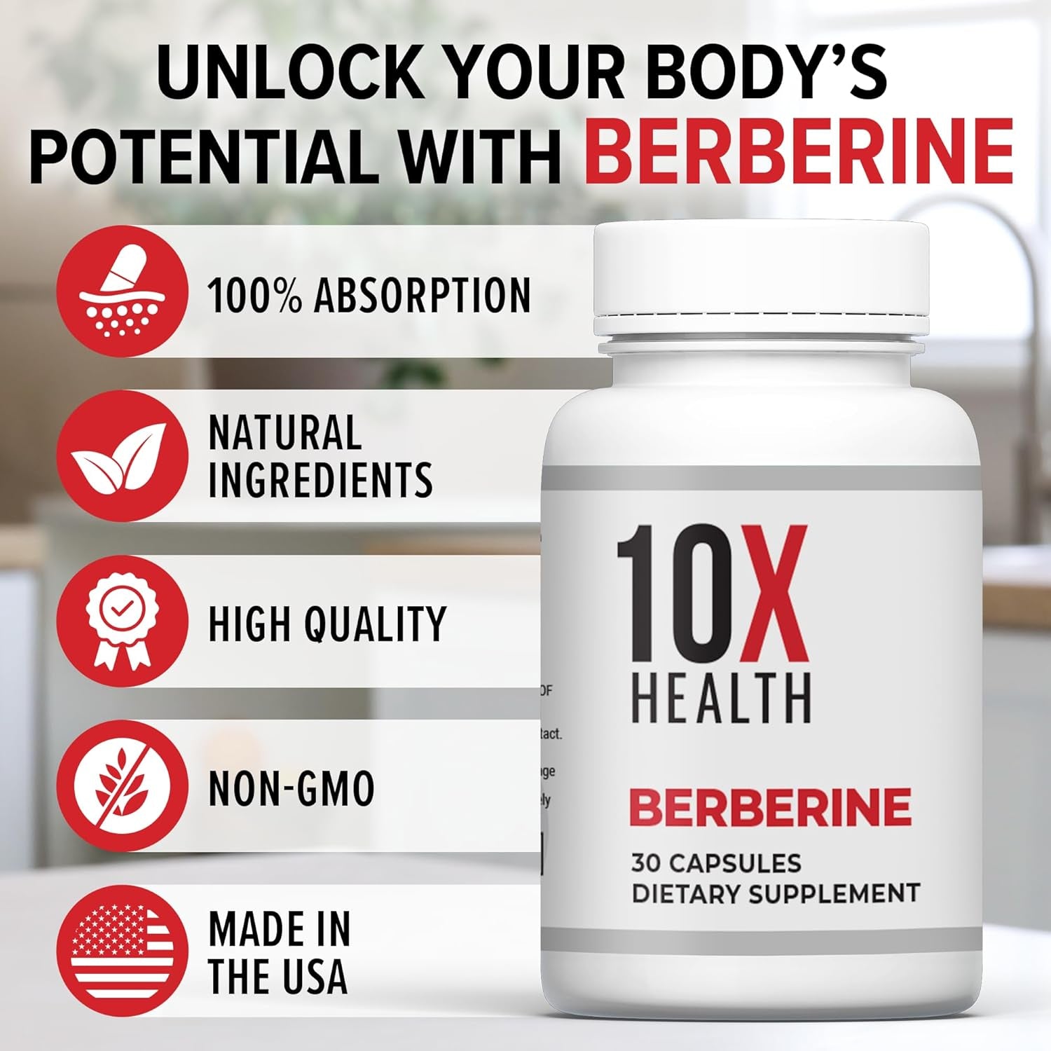 10X Health Berberine Supplement 500Mg - Contains Dihydroberberine Supplement for Better Absorption - Supports Cardiovascular & Gut Health Supplements for Women & Men - 30 Capsules