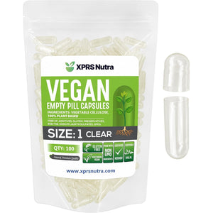 XPRS Nutra Size 1 Empty Capsules - 100 Count Clear Empty Vegan Capsules - Vegetarian Pills - DIY Vegetable Capsule Filling- Veggie Pill Caps for Do-It-Yourself Supplements