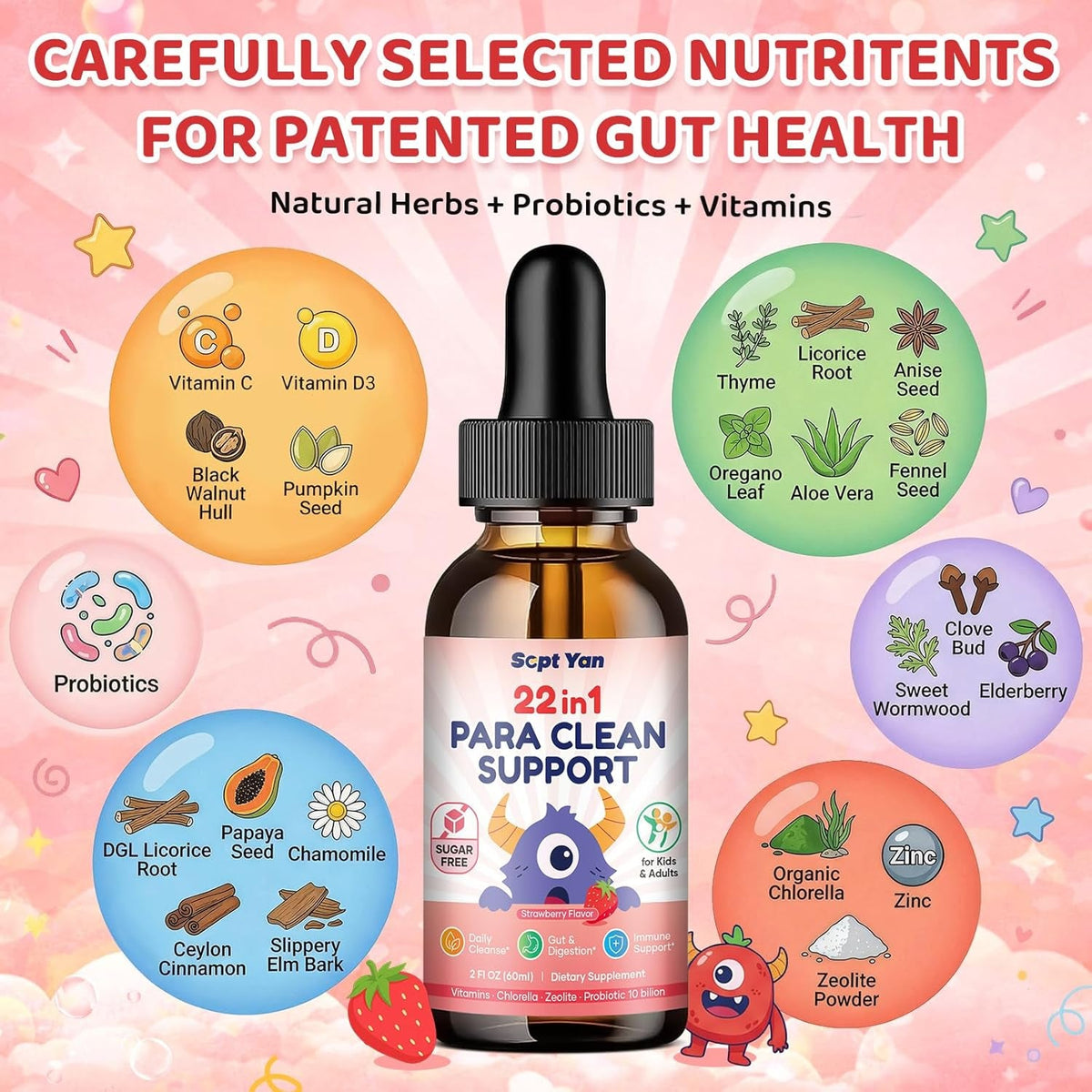 22 in 1 Parasite Cleanse for Humans & Kids, Herbal Gut Cleanse Liquid Drops with Wormwood, Black Walnut, Clove, Chlorella, Oregano, Digestive Health Support - Strawberry Flavor, 2 Fl Oz