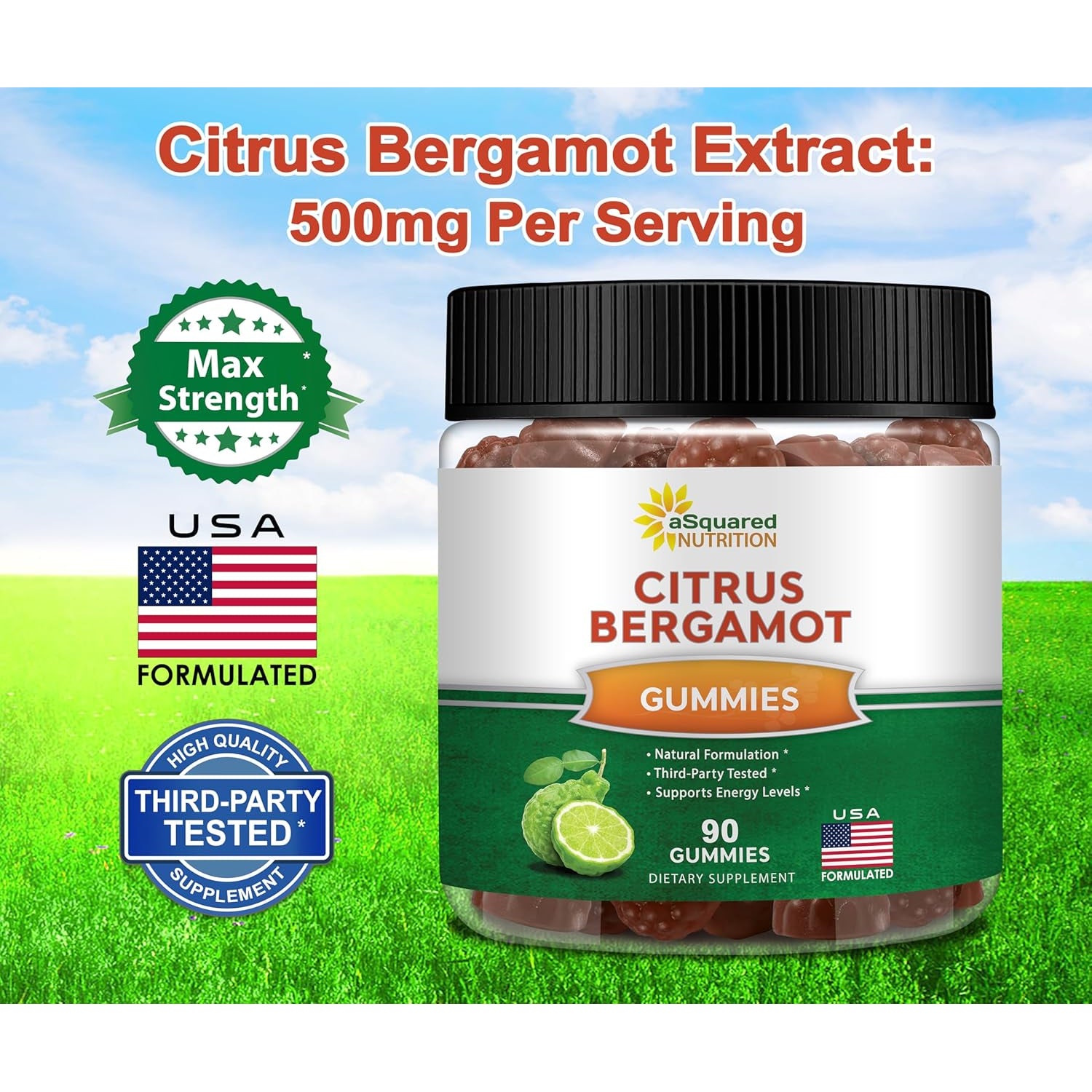 Asquared Nutrition Citrus Bergamot Gummies - Citrus Bergamot Extract Supplement 500Mg per Serving - Pure Gummy Alternative to Capsules & Pills