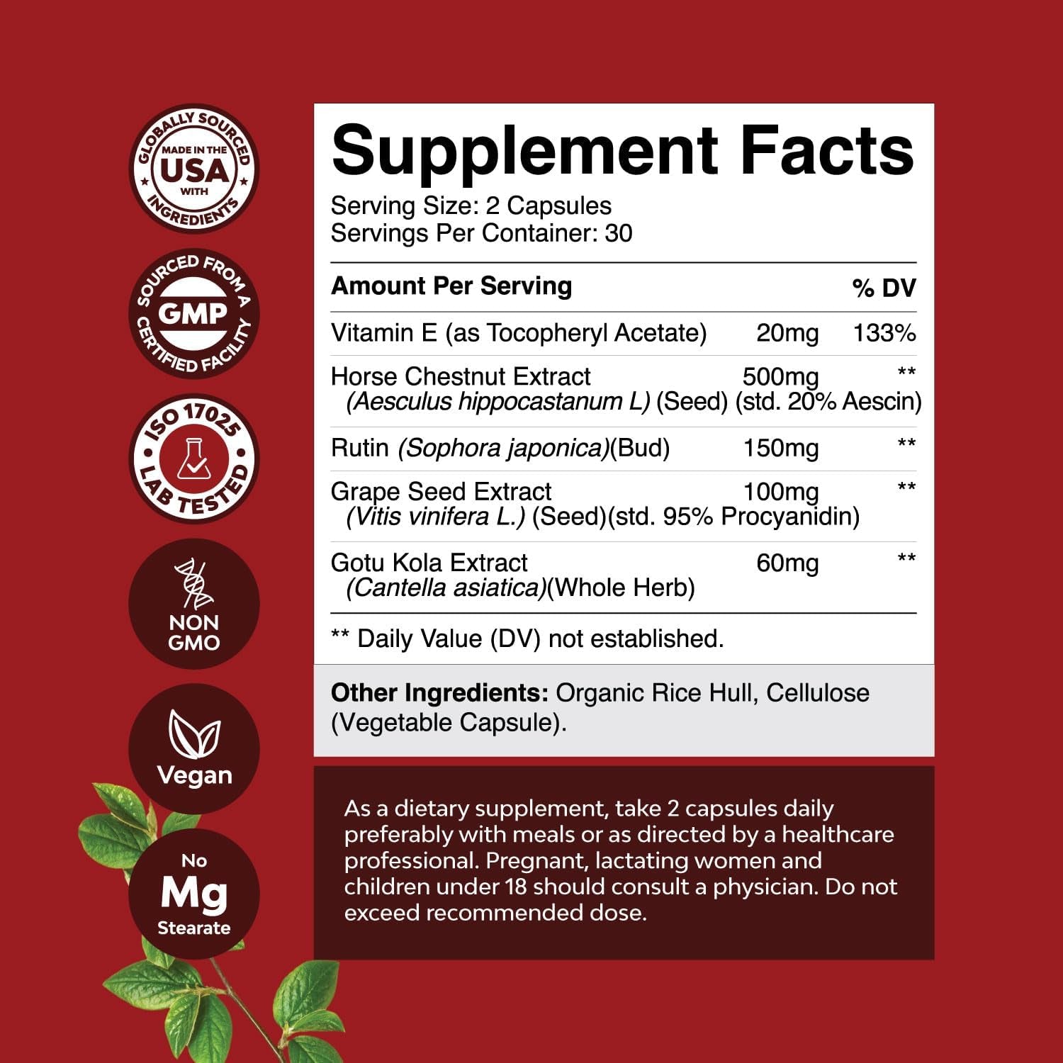 Natures Craft Vein Support Supplement for Leg and Veins - Full Body Supplement for Spider & Varicose Veins and Improved Flow with Horse Chestnut Extract - Vegan Non-Gmo Capsules - 60 Count