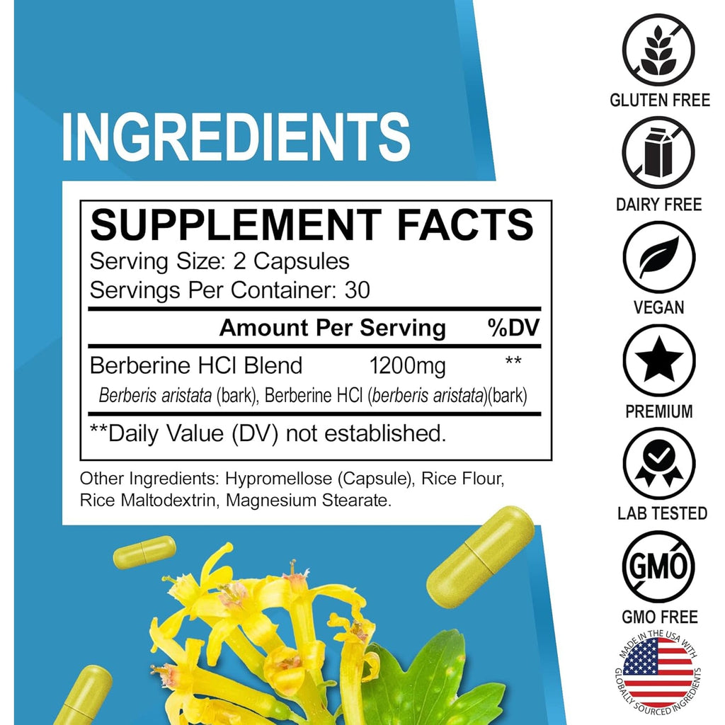 Berberine Supplement Capsules - 1200Mg Berberine HCL Supplement for Healthy Metabolic Support - Premium Natural Complex for Women & Men, Pure Support Capsules Supplements - 60 Pills