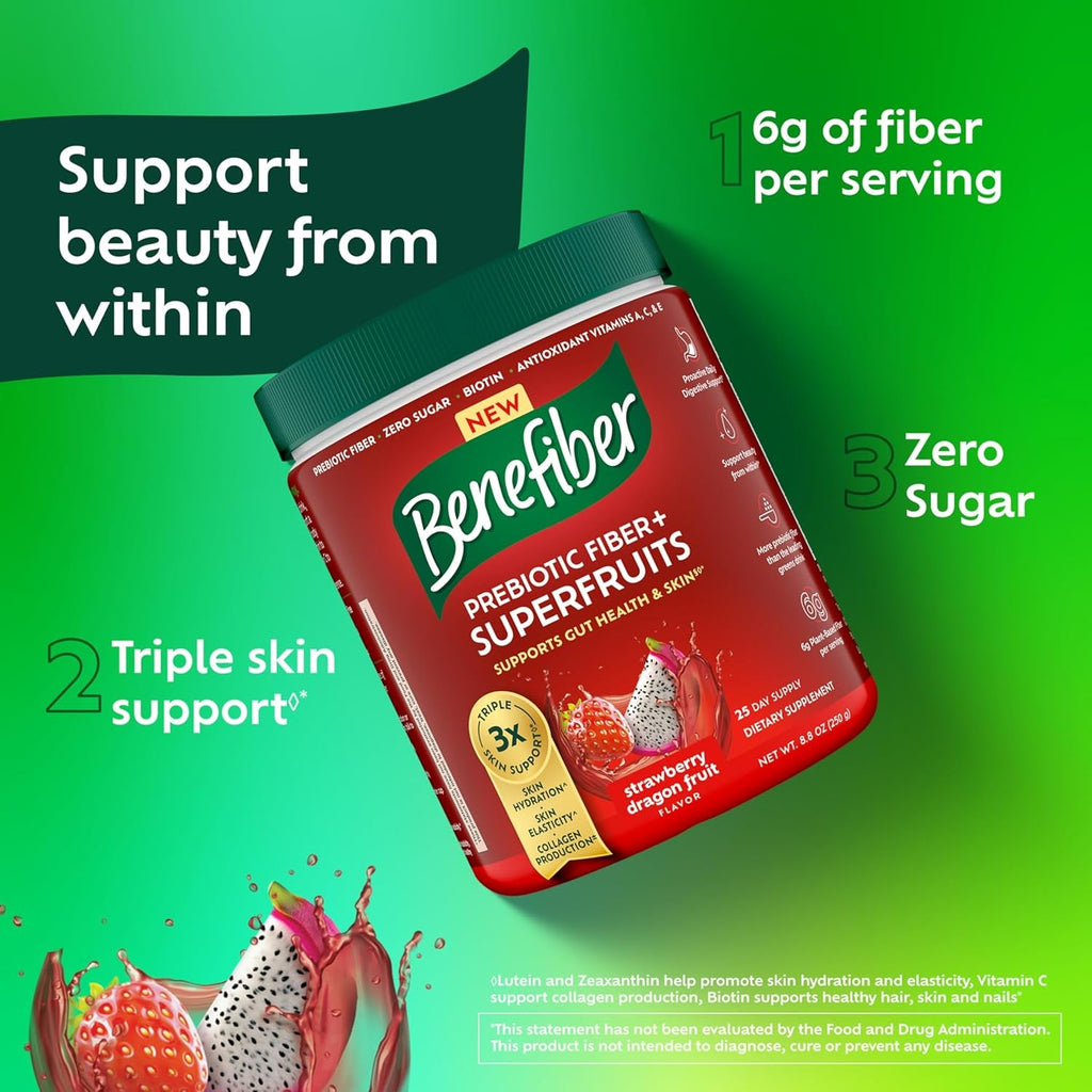Benefiber Prebiotic GLP-1 Friendly Fiber + Superfruits Dietary Supplement, Strawberry Dragon Fruit Flavor, 8.8 Oz (250G)