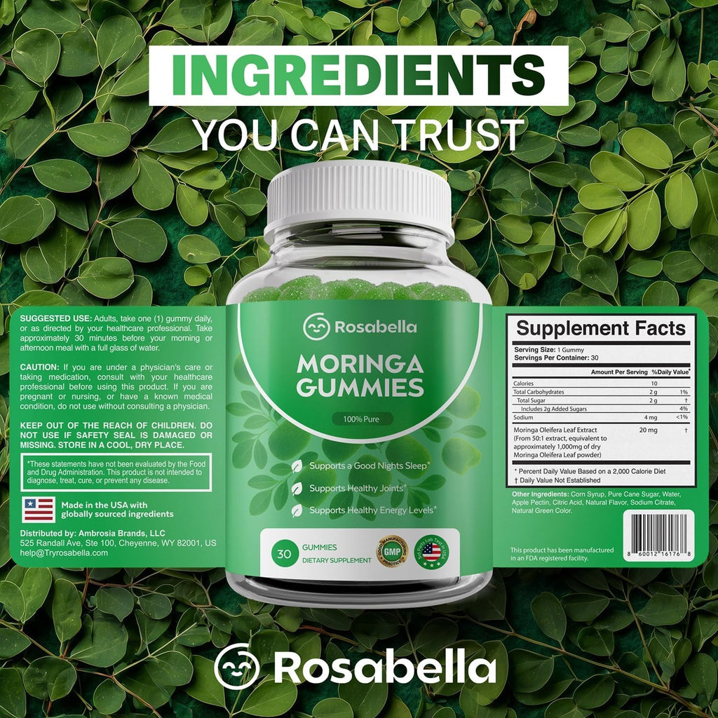 Rosabella Moringa Gummies – Moringa Leaf Extract 1000Mg Equivalent per Serving – Natural Energy & Balance – Non-Gmo, Gluten-Free Superfood Gummies for Women & Men – 30 Count