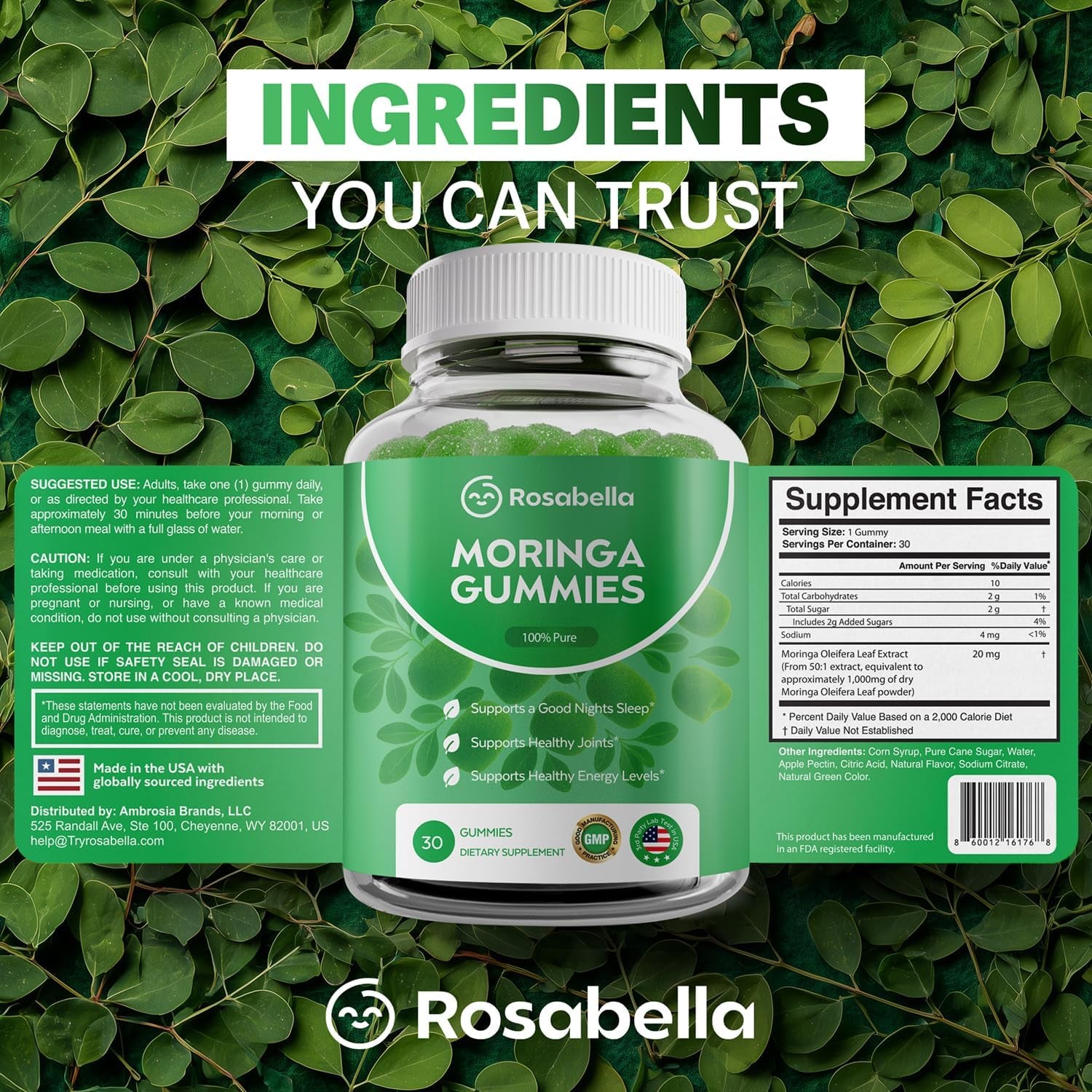 Rosabella Moringa Gummies – Moringa Leaf Extract 1000Mg Equivalent per Serving – Natural Energy & Balance – Non-Gmo, Gluten-Free Superfood Gummies for Women & Men – 30 Count