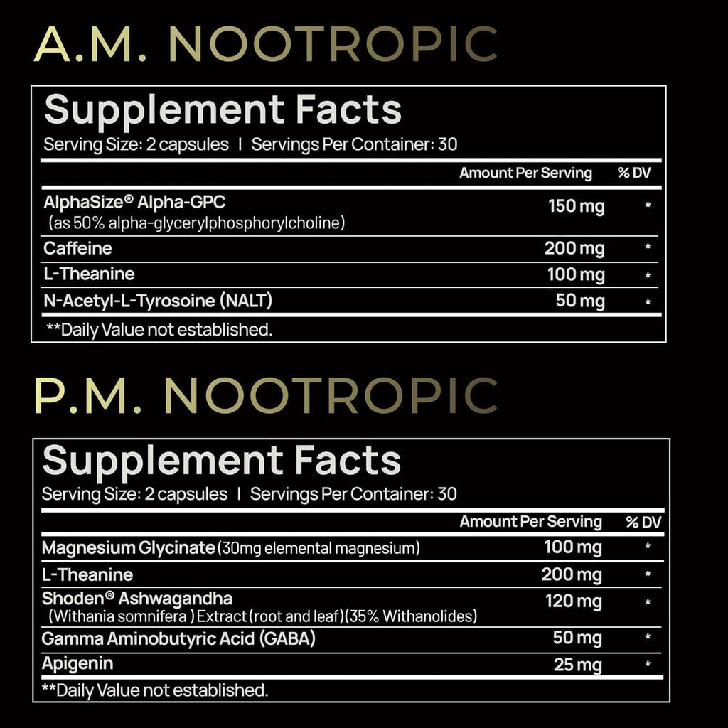 AMPM Nootropic Total Focus + Calm 9X Strength W. Caffeine, L-Theanine, Alpha GPC, L-Tyrosine, Ashwagandha - X-Release Energy Pills Nootropics Brain Support Supplements for Memory and Focus Supplement