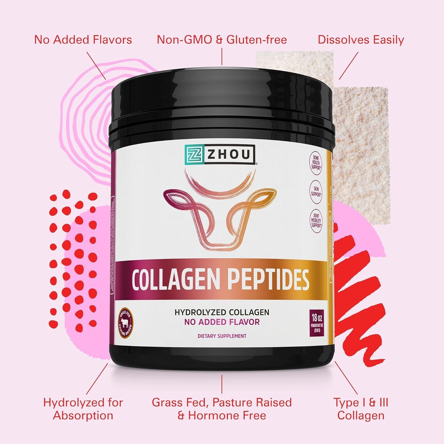 Zhou Collagen Peptides - Pure Hydrolized Collagen Powder for Women & Men, Grass Fed Natural Bovine Collagen for Skin, Hair Growth, Joints & Bones - 18 Oz Jar (46 Servings)