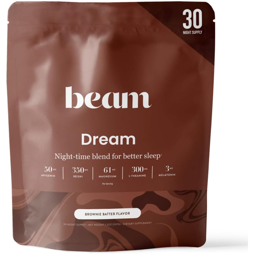 Beam Dream Sleep Powder – Sleep Aid for Adults with Melatonin, Magnesium, L-Theanine, Reishi Mushroom & Apigenin Sleep Supplement, Sleepy Cocoa Bedtime Drink Mix, Brownie Batter Flavor, 30 Servings