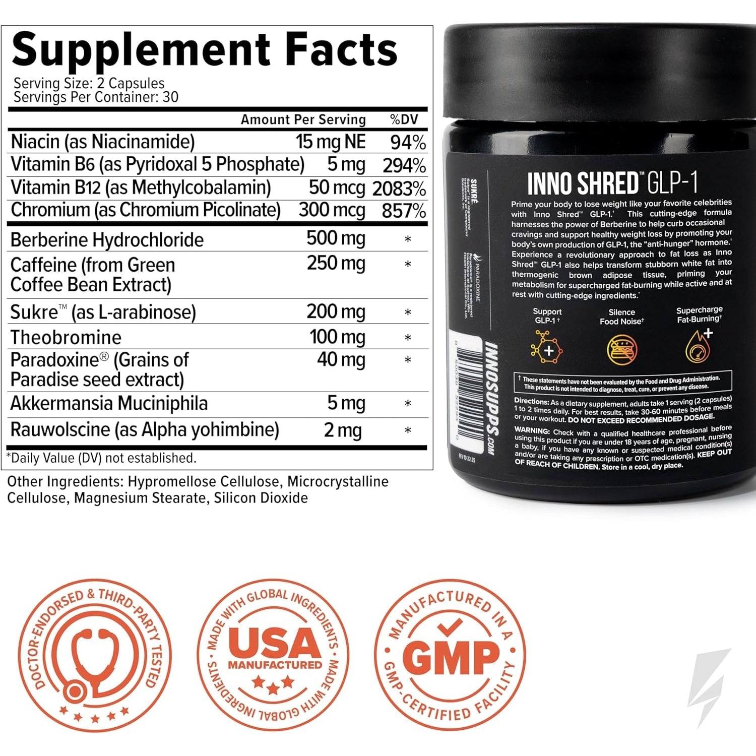 Innosupps Inno Shred GLP-1 - Thermogenic Support + Appetite Support + Energy* - Berberine + Chromium - 60 Capsules. 30 Servings.