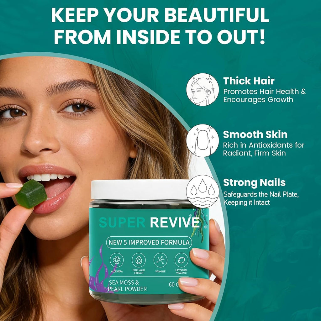 Super Revive Gummies for Hair Loss - Sea Moss Gummies with Vitamin C, E, Aloe Vera & Pearl Powder Glow, Promotes Thicker, Fuller & Stronger Hair - 60 Count