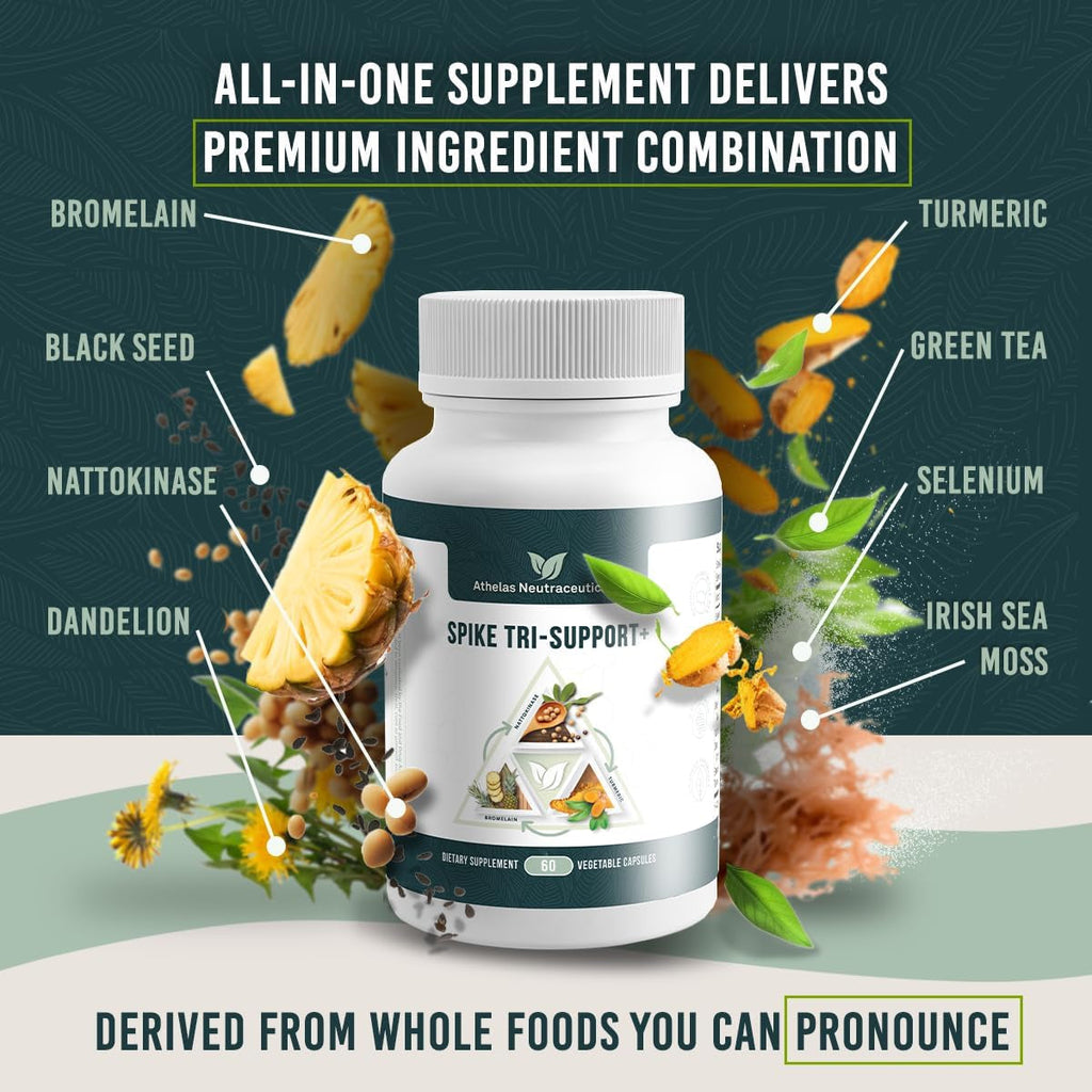 Spike Tri-Support+ with Nattokinase, Bromelain, and Turmeric - Includes Dandelion Extract, Black Seed Extract, Green Tea Leaf, Selenium for a Full Spectrum Spike Support Supplement