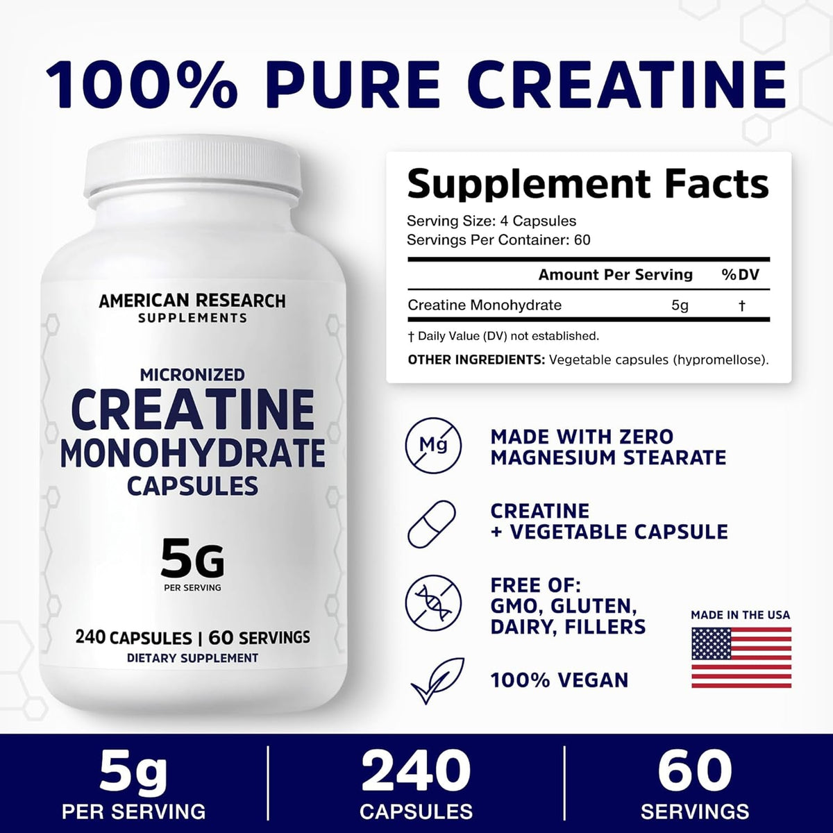Creatine Monohydrate Capsules 5G | 60 Servings | Vegan | 4 Caps per Serving | Micronized Creatine Pills 5000Mg | 240 Capsules | Creatine Pills for Men & Women | 2 Months Supply | Made without Fillers