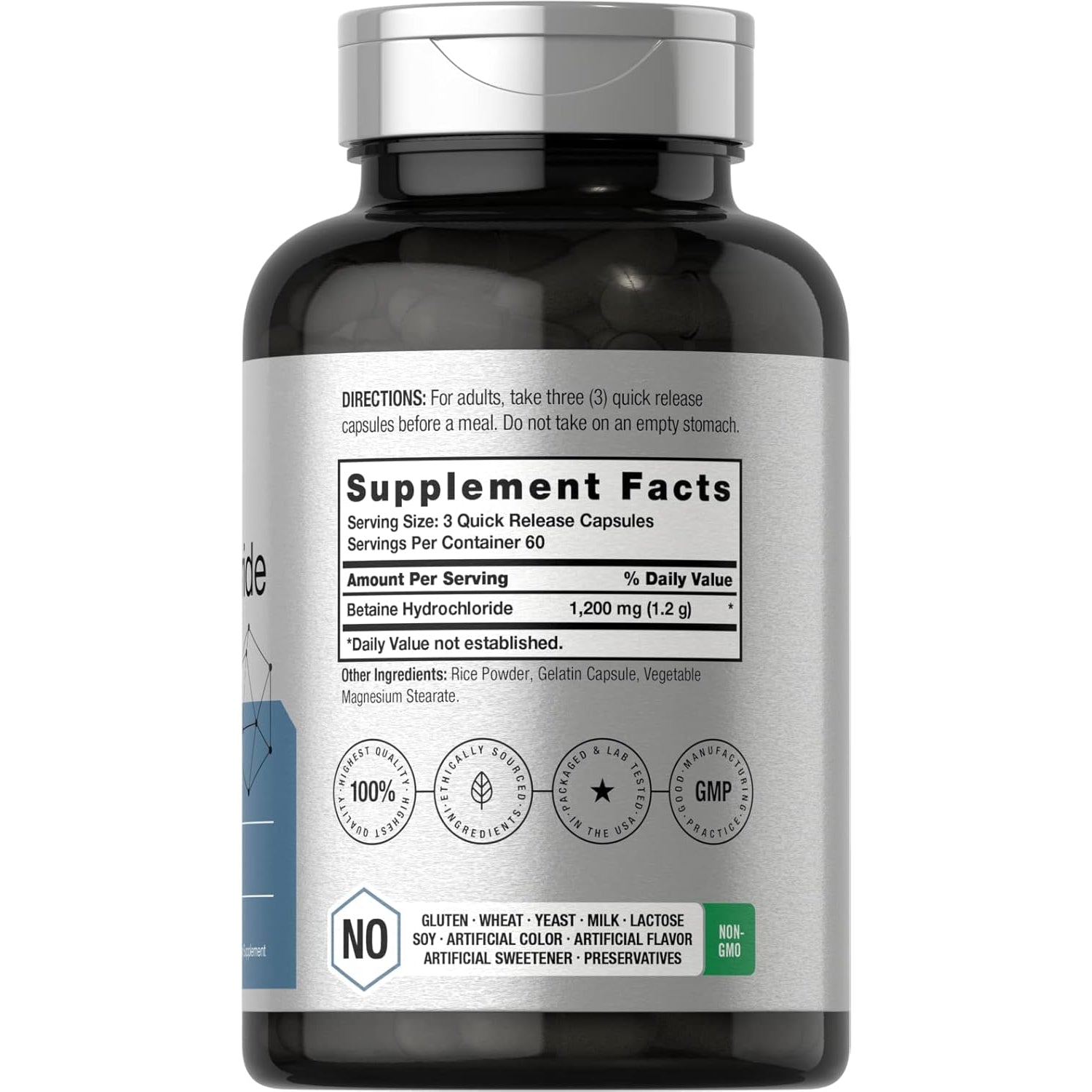 Horbäach Betaine Hcl 1200Mg | 180 Capsules | Betaine Hydrochloride Supplement | Non-Gmo, Gluten Free