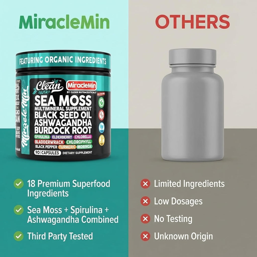 Clean Nutra Organic Sea Moss Capsules with Ashwagandha, Black Seed Oil, Burdock Root, Bladderwrack, Moringa, Chlorella, Spirulina, Turmeric, Elderberry, Amla � 90 Vegan Capsules � Miraclemin
