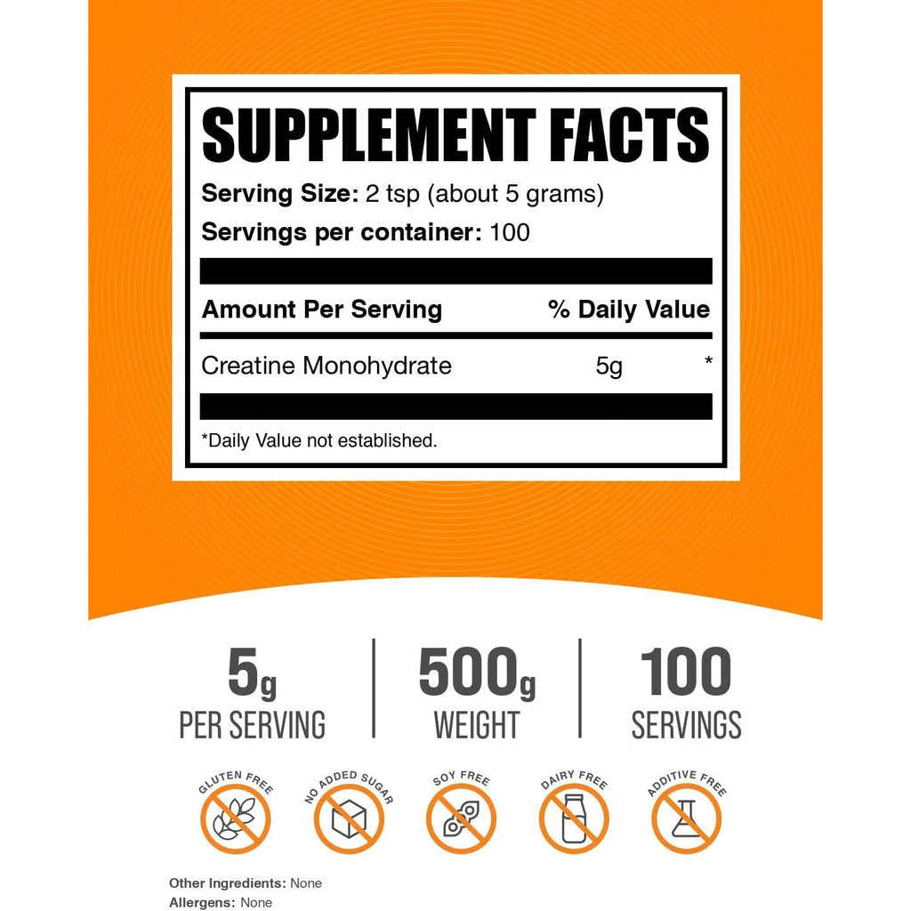 Bulksupplements.Com Creatine Monohydrate Powder - Micronized Creatine Powder, Unflavored - Pure & Gluten Free, 5G per Serving, 500G (1.1 Lbs) (Pack of 1)