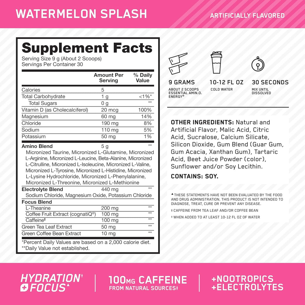 Optimum Nutrition Amino Energy Powder plus Focus, with BCAA, Electrolytes, and Caffeine, Watermelon, 30 Servings (Packaging May Vary)