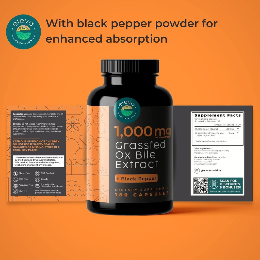 Grass-Fed Ox Bile Extract 1000Mg Bile Salts Supplements with Black Pepper for Faster Absorption - Supports Digestive Health - 180 Capsules