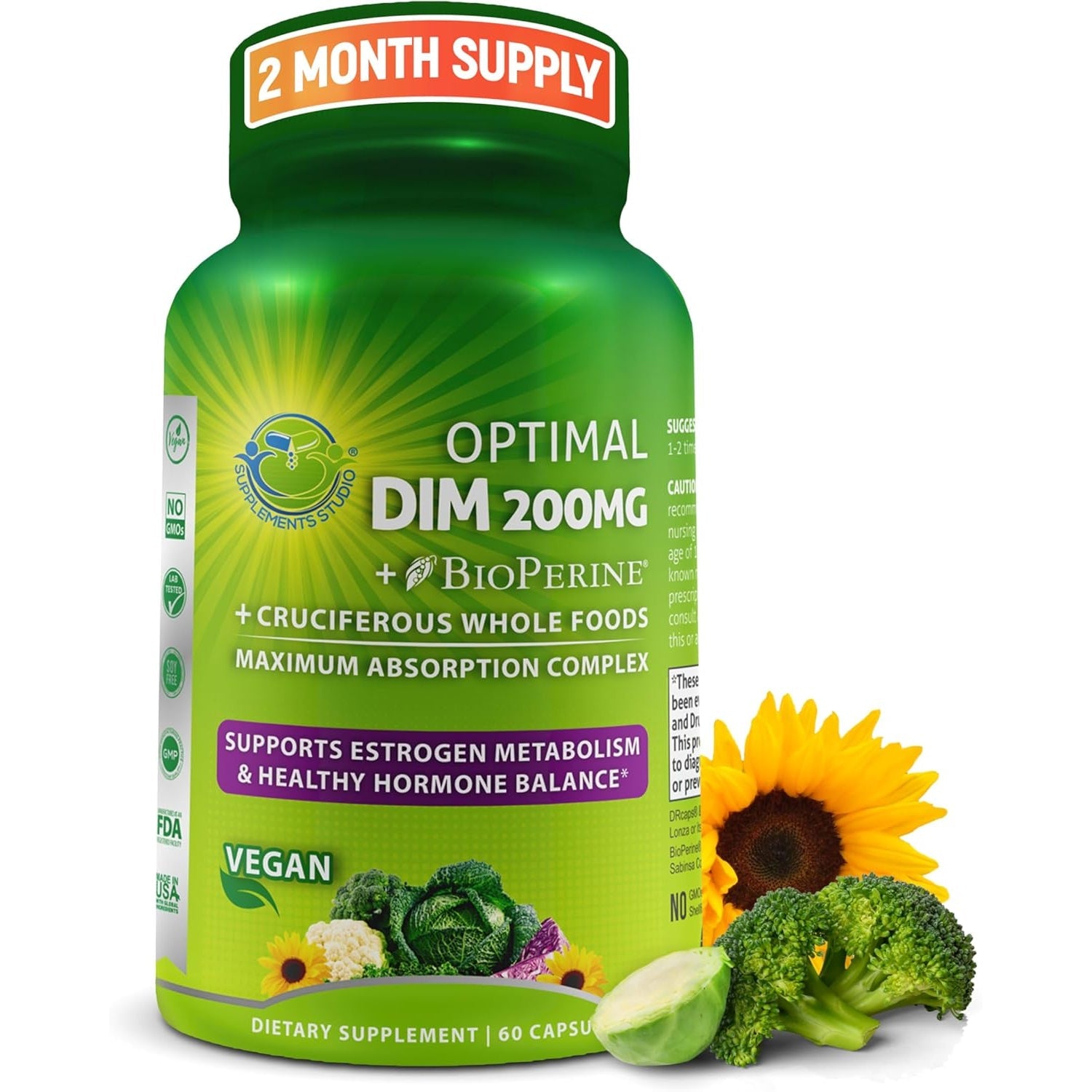 Optimal DIM 200Mg Supplement for Women and Men - Made with Organic Whole Foods - Estrogen & Hormone Balance Support Diindolylmethane Complex - Maximum Absorption Delayed-Release Capsules - 60 Count