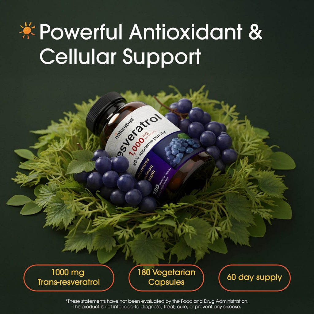 Naturebell Resveratrol - 180 Vegetarian Capsules - 1,000Mg Polygonum Cuspidatum Extract - Antioxidant Support - Heart, Brain & Immune Wellness*