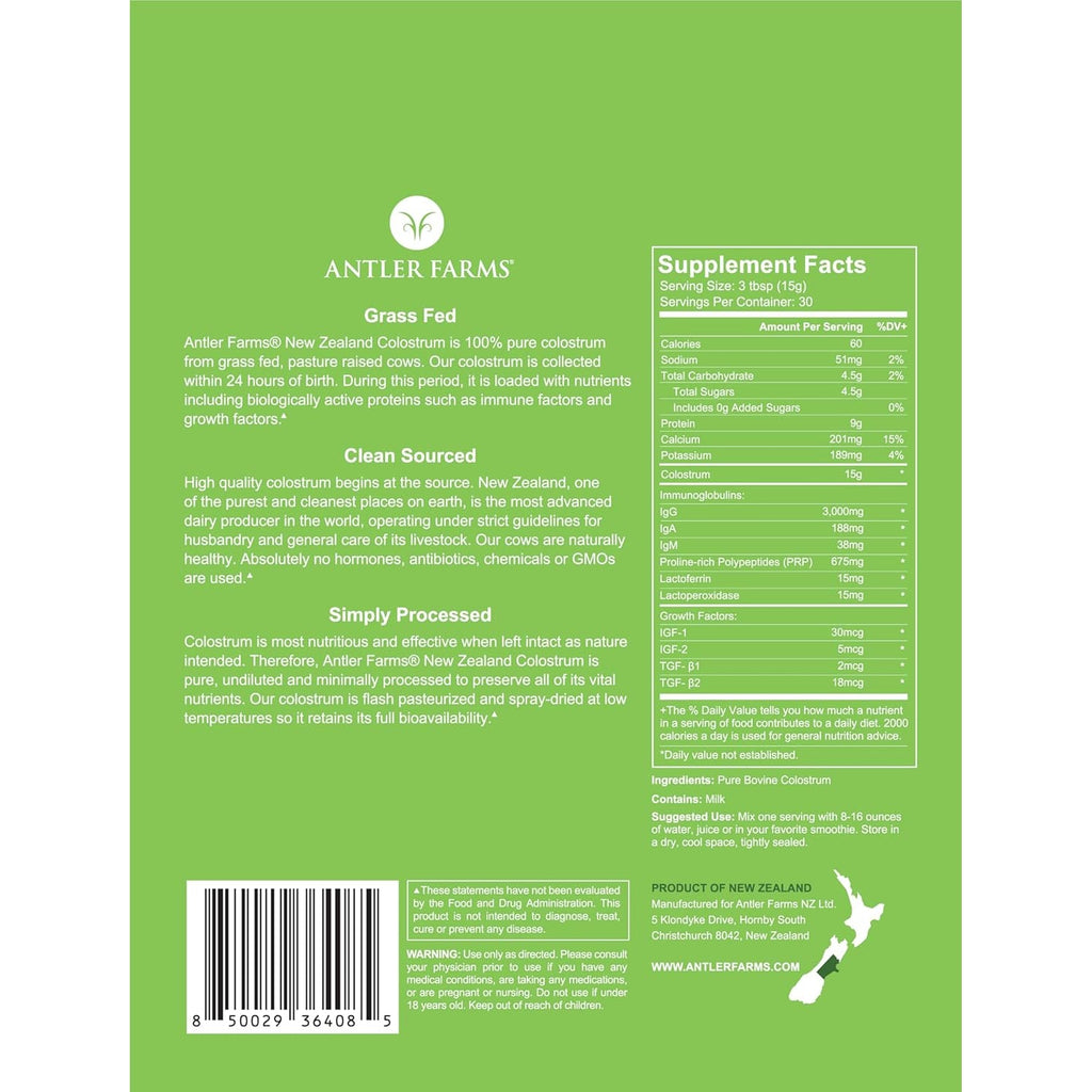 Antler Farms 100% Pure New Zealand Colostrum, 30 Servings, 1 Lb - Grass Fed, Pasture Raised, Clean Sourced, Cold Processed, Undiluted, High Igg Content